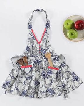 White Cotton Floral Printed Bib Apron
