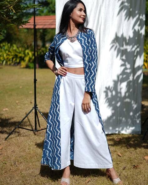 Women Chevrons Crop Top Pants Shrug Sets