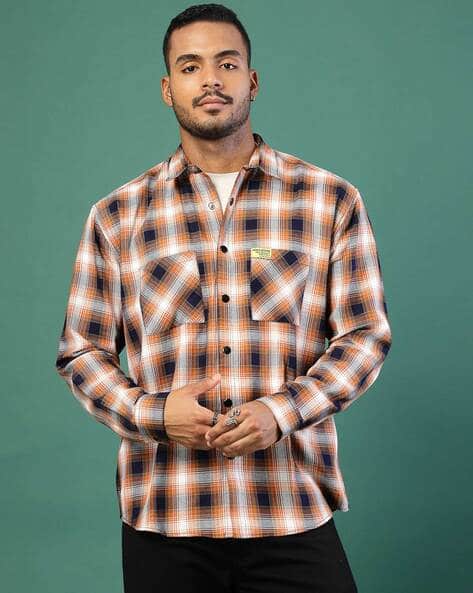 Men Checked Oversized Fit Shacket with Patch Pockets