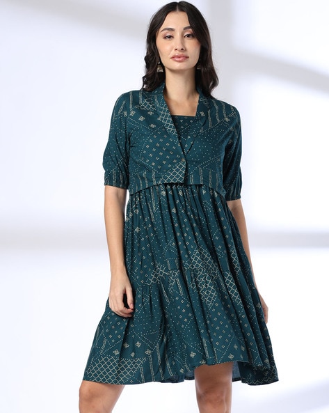 Women Bandhani Print Tiered Dress with Jacket