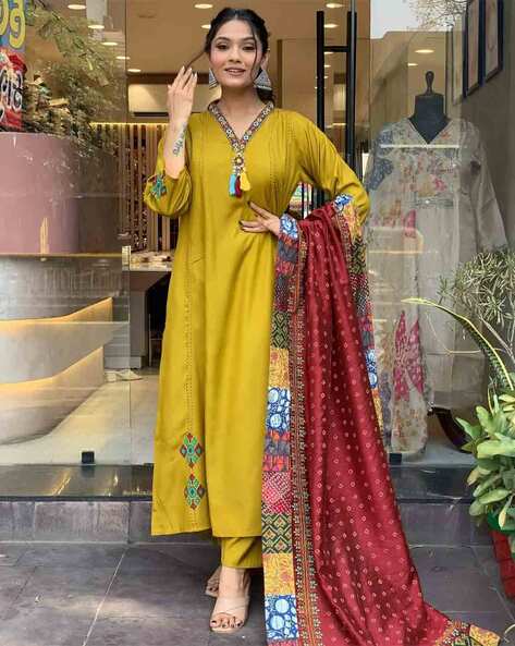 Women V-Neck A-Line Kurta Set Price in India