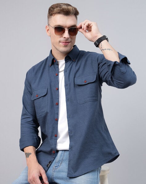 Men Abstract Slim Fit Shirt with Button-Down Collar