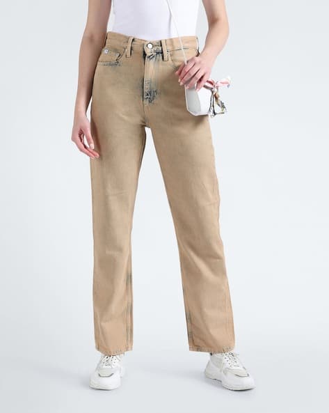 Calvin Klein Jeans Women Heavily Washed High-Rise Straight Fit Cotton Jeans