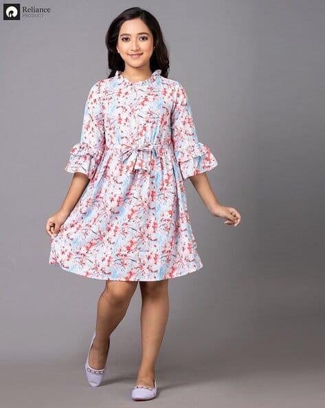 Girls Floral Print A-Line Dress with Tie-Up Belt