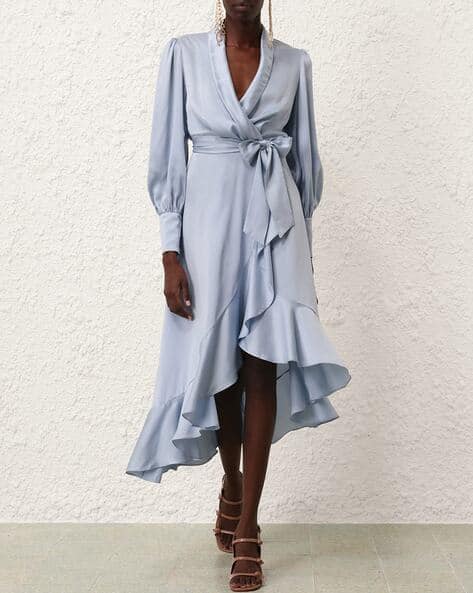 Buy Zimmermann Silk Wrap Midi Dress Pale Blue Color Women AJIO