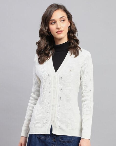 Woolen Winter White Long Cardigan Women Self-Design Cardigan With