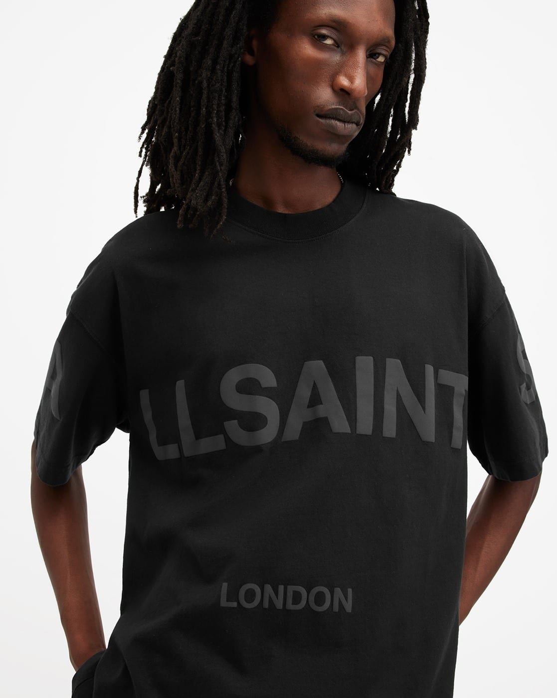 All Saints Men Logo Print Oversized Crew-Neck T-Shirt (Jet-Black)