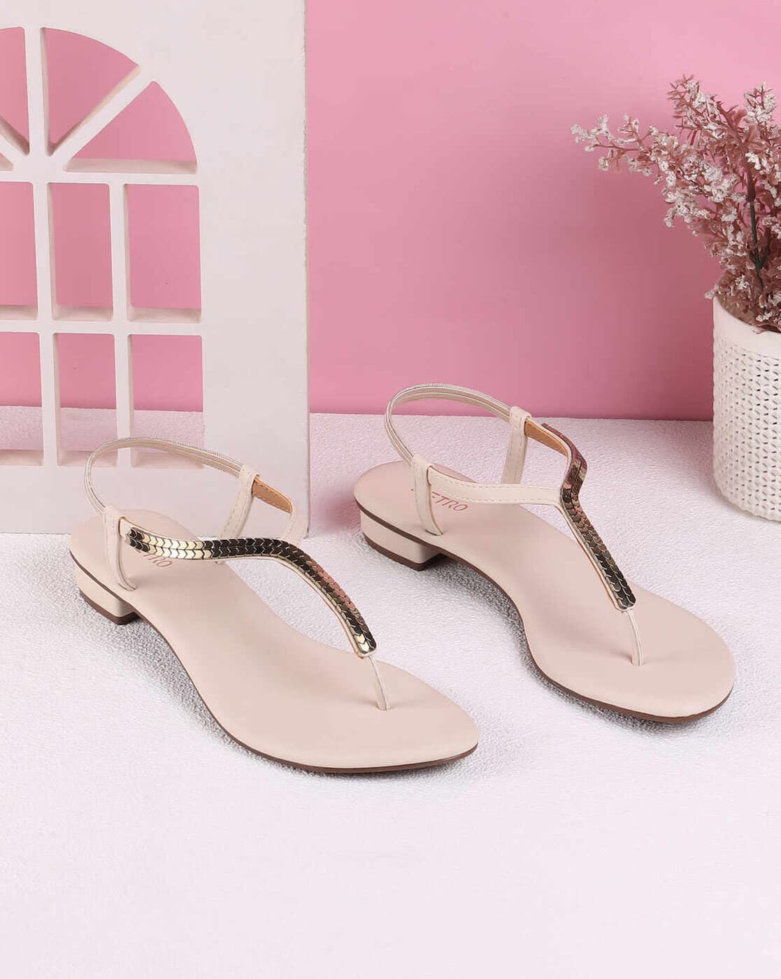 Women T-Strap Flat Sandals with Metal Accent