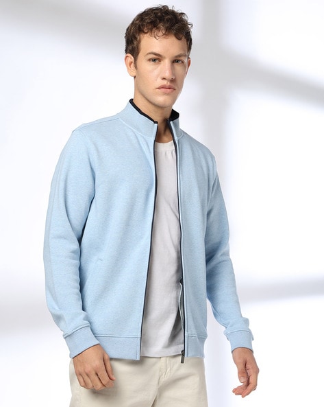 Men Heathered Regular Fit Zip-Front Sweatshirt with Slip Pockets