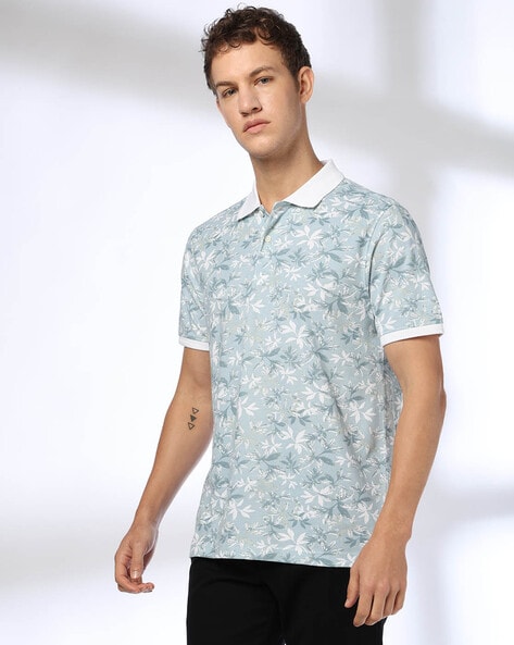 Men Leaf Print Slim Fit Polo T-Shirt