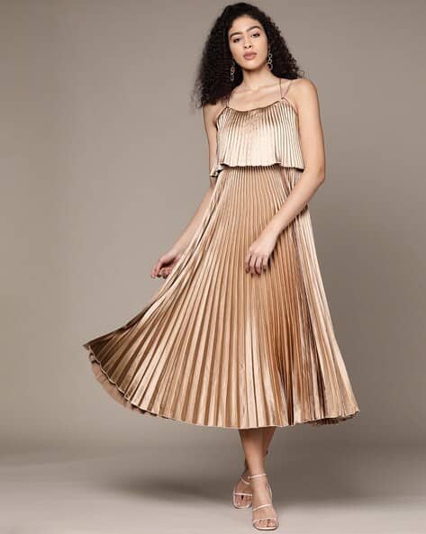 Accordion Pleated Flared Maxi Dress