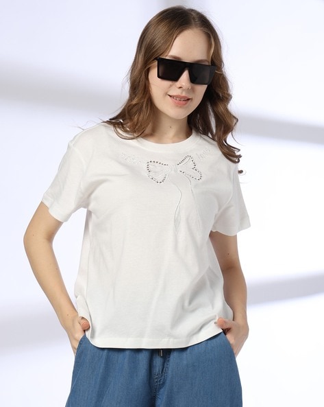 Women Embroidered Regular Boxy Fit Round-Neck T-Shirt
