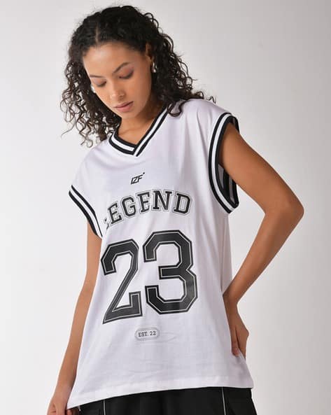 Women Numeric Print Oversized V-Neck T-Shirt