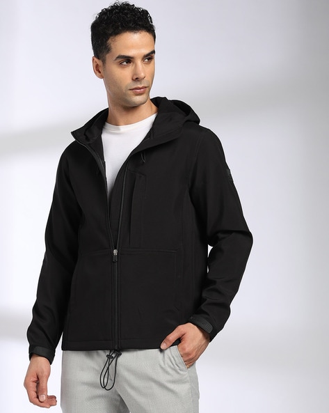 Men Slim Fit Zip-Front Hooded Jacket