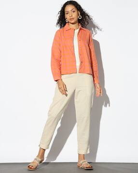 Women Gingham Check Shirt Jacket