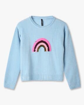 Girls Sequin Rainbow Print Round-Neck Sweater-image-10