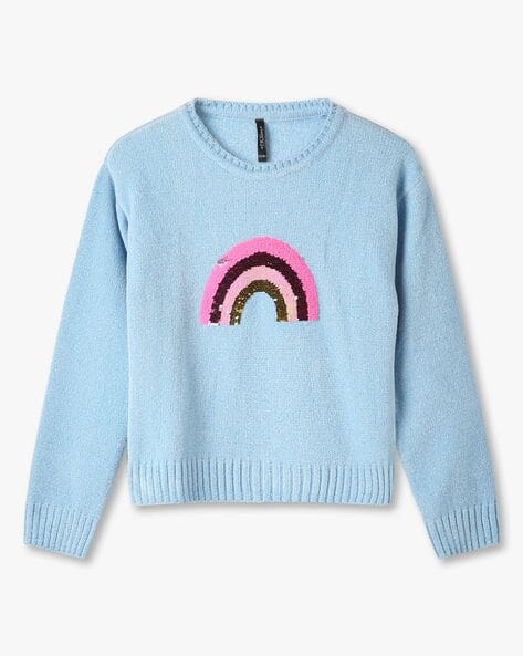 Girls Sequin Rainbow Print Round-Neck Sweater