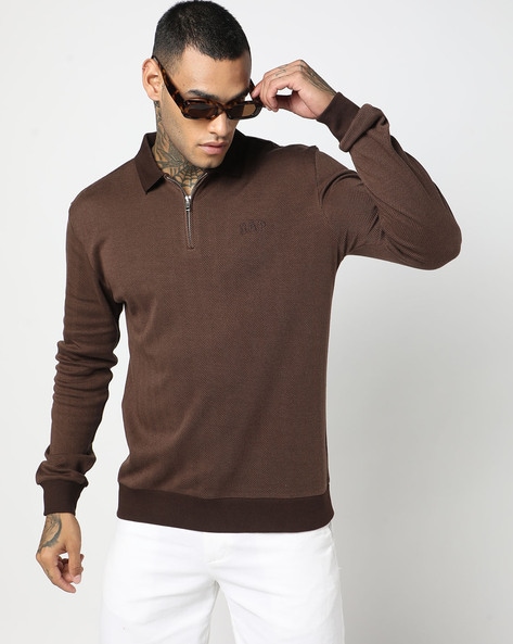 Solid Herringbone Knit Collared Polo T-Shirt
