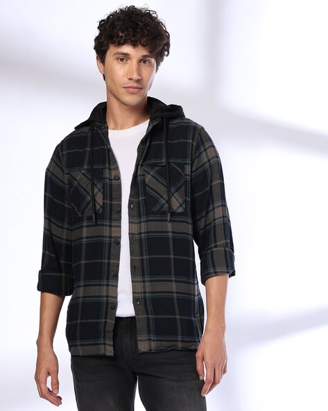 Men Checked Slim Fit Hooded Shirt