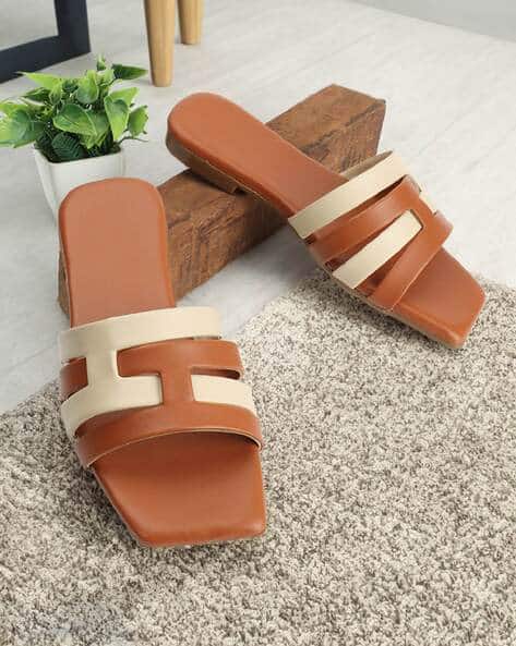 Women Colourblock Square-Toe Slip-On Flat Sandals