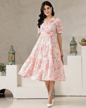 Women Floral Print Tiered Dress with Short Sleeves