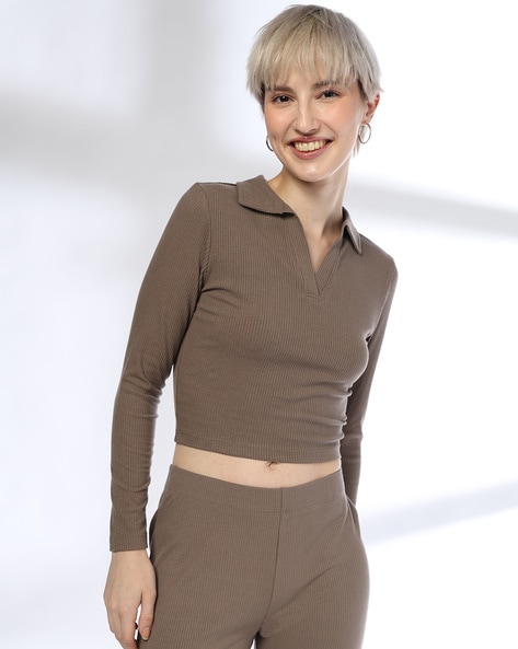 Women Ribbed Slim Fit Polo T-Shirt