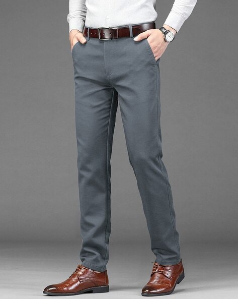 Men Slim Fit Flat-Front Trousers with Insert Pockets