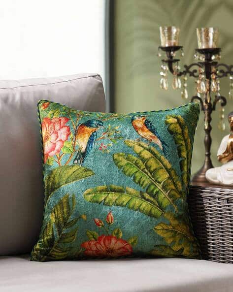 Teal Floral Geometric Print Velvet Cushion Cover