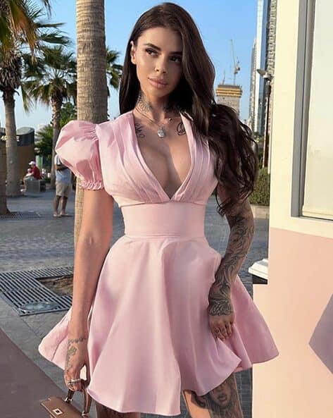 pink v neck skater dress Inspire Chic Women's Halter Deep V Neck Sleeveless Backless Skater Mini Homecoming Dress Rose XL Rose Red, Pink