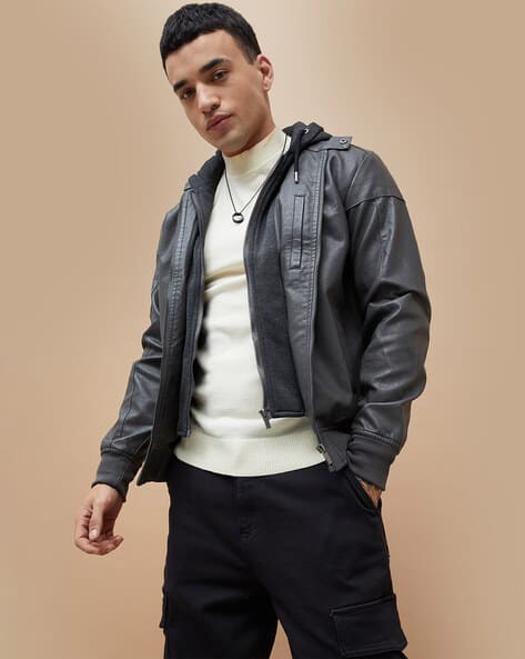 Men Regular Fit Biker Jacket with Zip-Front