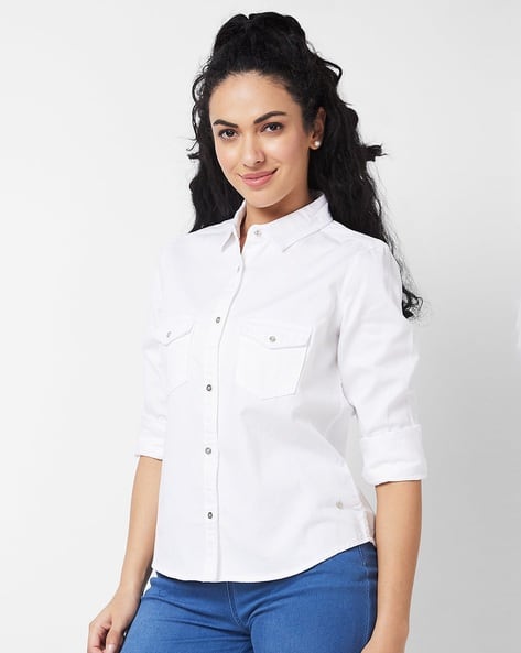 Jeans Dress Up White Shirt Women Denim Relaxed Fit Shirt