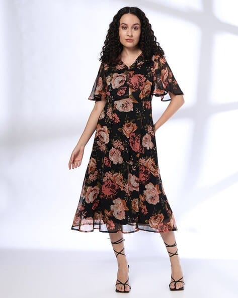 Women Floral Print V-Neck A-Line Dress