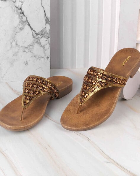 Buy Antique Gold-Toned Flat Sandals for Women by Mochi Online