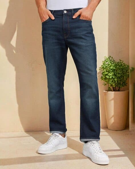 Stone Washed Straight Fit Mid-Rise Mid-Wash Jeans