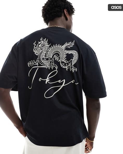 Mens Tshirt North Park T Shirt Men Tokyo Dragon Back Print Oversized T-Shirt