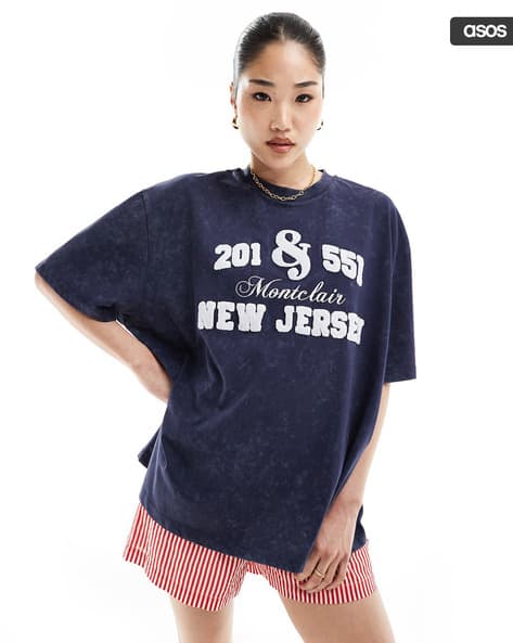 Women New Jersey Chenille Graphic Print Oversized T-Shirt