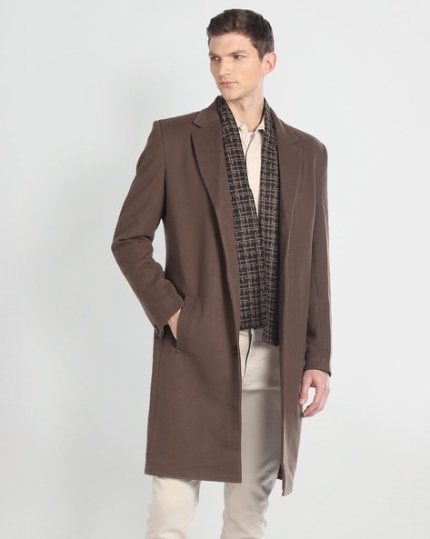 Men Single-Breasted Slim Fit Trench Coat with Detachable Muffler