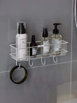 Stainless Steel Wall Mount Bathroom Shelf with Hooks-image-2
