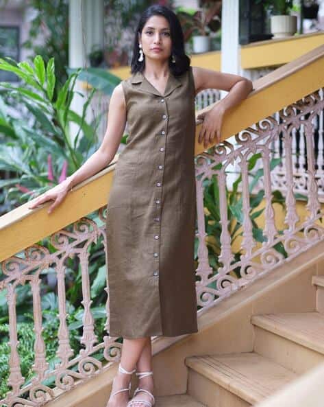 Beige Cotton Linen Sundresses Buy Olive Green Dresses For Women By  Creatures Of Habit Online
