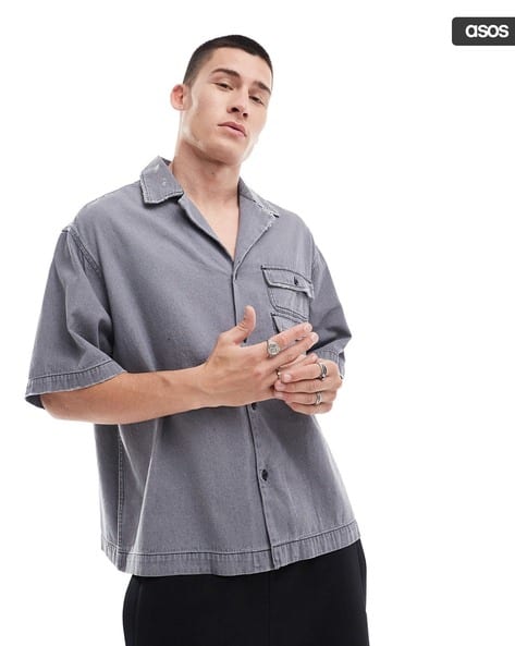 Men Boxy Oversized Revere Cropped Denim Shirt
