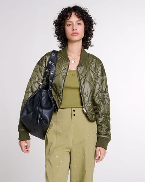 Buy Maje Quilted Short Bomber Jacket | Khaki Color Women | AJIO LUXE