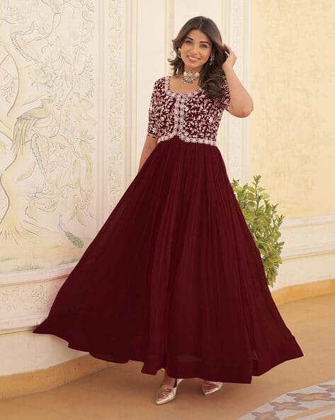 Burgundy Colour Gown Buy Maroon Dresses Gowns For Women By Fashion - Main Image