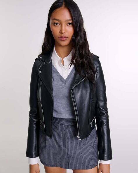 Buy Maje Leather biker-style jacket Black Color Women AJIO LUXE