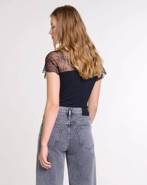 Buy Maje Jersey Top with Lace Trim | Black Color Women | AJIO LUXE