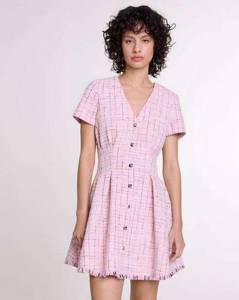 Buy Maje Tweed Babydoll A-Line Dress | Pink Color Women | AJIO LUXE