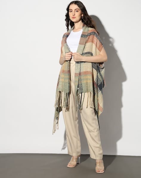 Checked Convertible Shrug Cum Scarf with Tassels