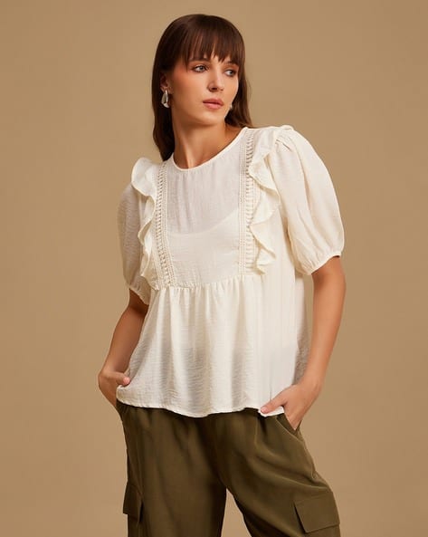 Kazo Round-Neck Top with Puff Sleeves