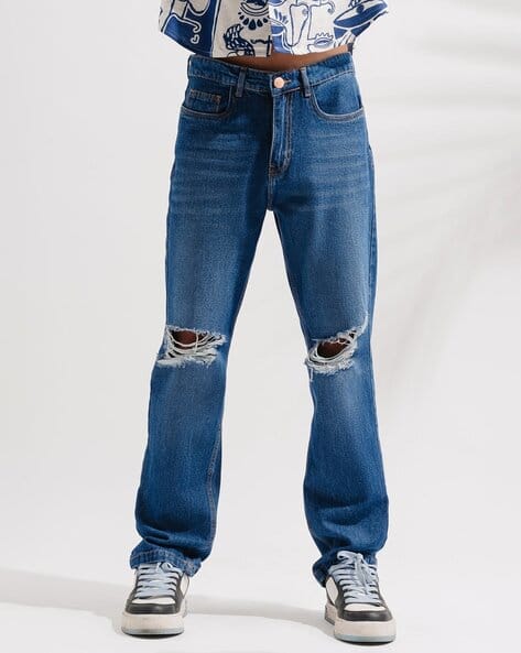 Men Solid Wide Leg Mildly Distressed High-Rise Mid-Rise Mid-Wash Jeans