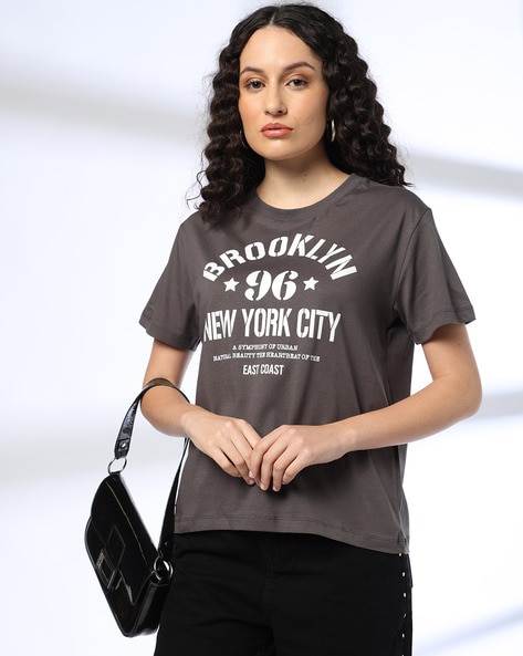 Women Typographic Print Boxy Fit Cotton Crew-Neck T-Shirt