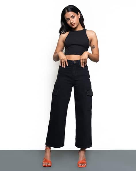 Women Solid Wide Leg Cropped Jeans